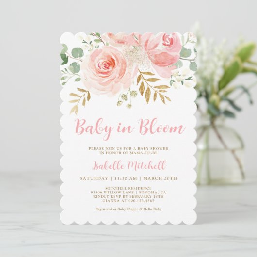 Blush Pink "Baby in Bloom" Kinderdusche Einladung (Stehend Vorderseite)