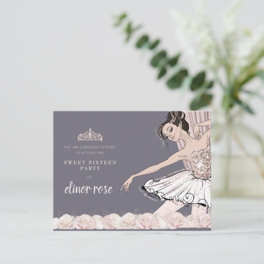 Blush Pink Ballerina Sweet 16 Party Einladungspostkarte (Stehend Vorderseite)