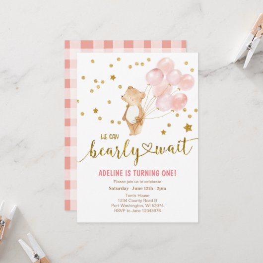 Blush Pink Balloons, die wir frühzeitig zum Geburt Einladung (Vorderseite/Rückseite Beispiel)