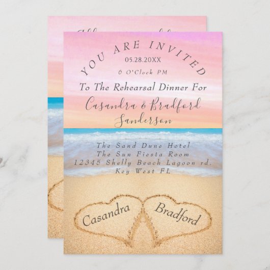 Blush Pink Beach 2 Herz Sandstrand Probe Abendesse Einladung (Vorne/Hinten)
