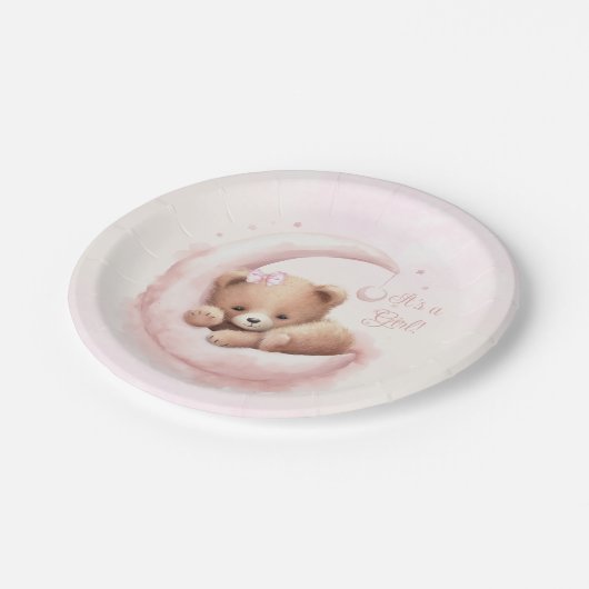 Blush Pink Bear Girl Babydusche Pappteller (Schrägansicht)