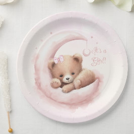 Blush Pink Bear Girl Babydusche Pappteller