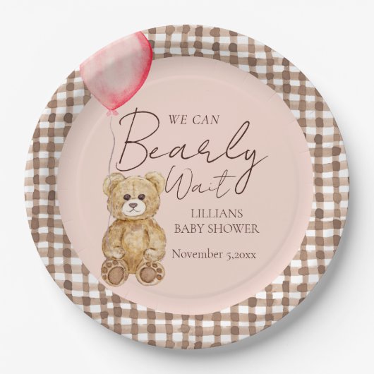 Blush Pink Bearly Wait Girl Baby Dusche Pappteller (Vorderseite)