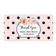 Blush Pink Black Dots Floral Baby Dusche Labels