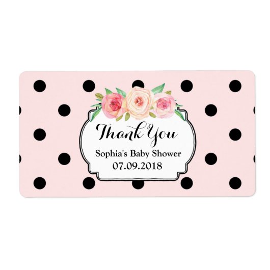 Blush Pink Black Dots Floral Baby Dusche Labels (Vorne)
