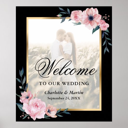 Blush Pink Black Floral Foto Hochzeitssymbol Poster (Vorne)