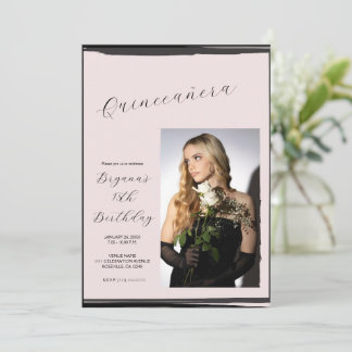 Blush Pink & Black Foto Trendy Moderne Quinceñera Einladung