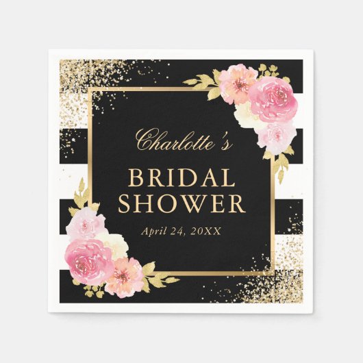 Blush Pink Black Gilde Bloral Brautparty Serviette (Vorderseite)