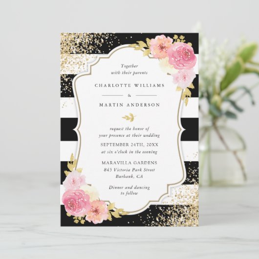 Blush Pink Black Gold Confetti Bloral Wedding Einladung (Stehend Vorderseite)