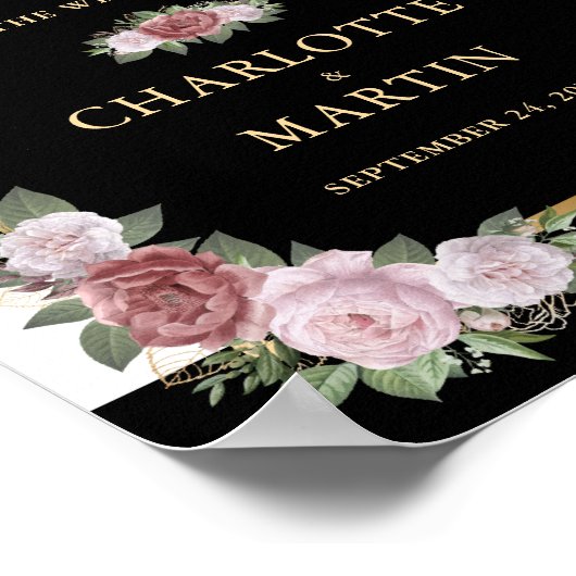 Blush Pink Black Gold Floral Hochzeit Begrüßungsze Poster (Ecke)