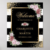Blush Pink Black Gold Floral Hochzeit Begrüßungsze Poster (Vorne)