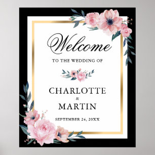 Blush Pink Black Gold Floral Hochzeit Begrüßungsze Poster
