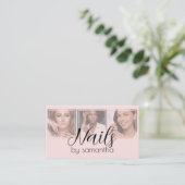 Blush Pink Black Schrift 3 Foto QR Code Nail Tech Visitenkarte (Stehend Vorderseite)