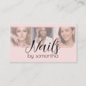 Blush Pink Black Schrift 3 Foto QR Code Nail Tech Visitenkarte (Vorderseite)