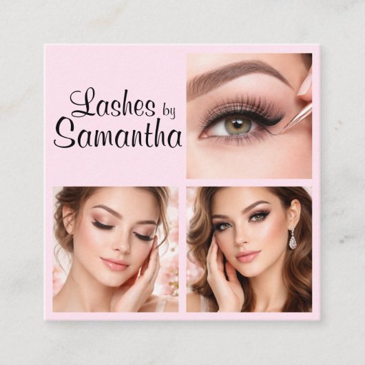 Blush Pink Black Script 3 Photo Logo Makeup Quadratische Visitenkarte (Vorderseite)