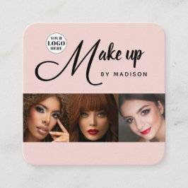 Blush Pink Black Script 3 Photo Makeup Quadratische Visitenkarte