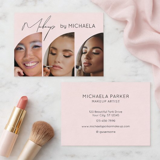 Blush Pink Black Script 3 Photo Makeup Visitenkarte