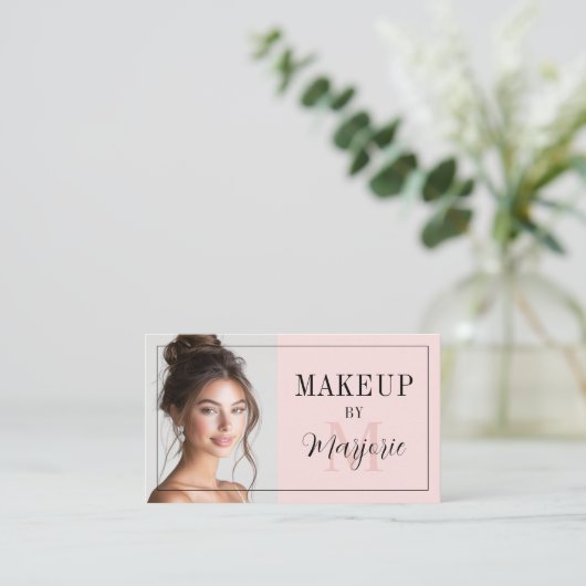 Blush Pink Black Script Monogram Photo Makeup Visitenkarte (Stehend Vorderseite)