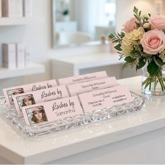 Blush Pink Black Script Photo Lashes Mini Visitenkarte