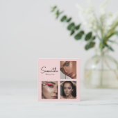 Blush Pink Black Script Photo Makeup Business Card Quadratische Visitenkarte (Stehend Vorderseite)