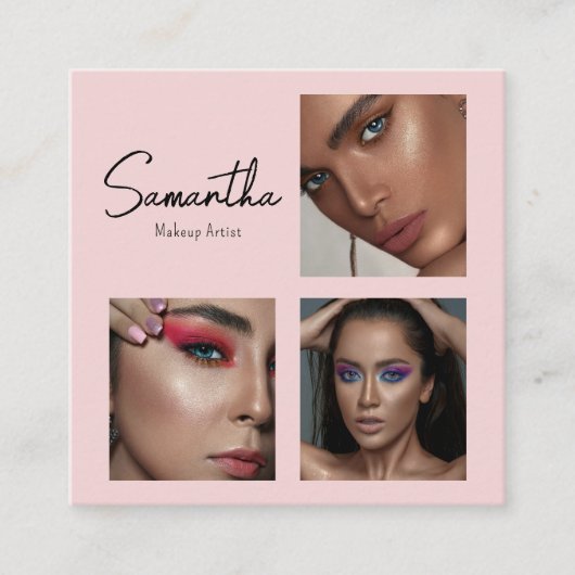 Blush Pink Black Script Photo Makeup Business Card Quadratische Visitenkarte (Vorderseite)