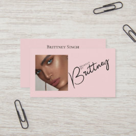Blush Pink Black Script Photo Makeup Business Card Visitenkarte