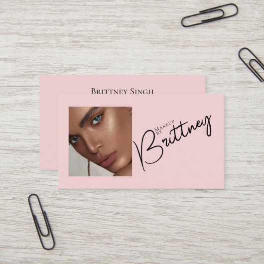 Blush Pink Black Script Photo Makeup Business Card Visitenkarte (Vorderseite/Rückseite Beispiel)