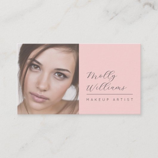 Blush Pink Black Script Photo Makeup Business Card Visitenkarte (Vorderseite)