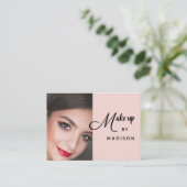 Blush Pink Black Script Photo Makeup Business Card Visitenkarte (Stehend Vorderseite)