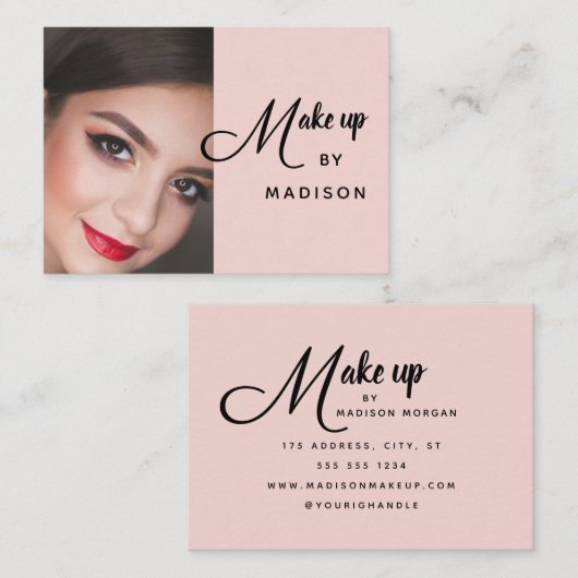 Blush Pink Black Script Photo Makeup Business Card Visitenkarte (Vorne/Hinten)