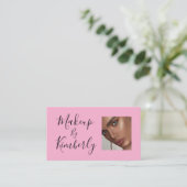 Blush Pink Black Script Photo Makeup Business Card Visitenkarte (Stehend Vorderseite)