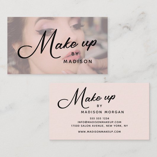 Blush Pink Black Script Photo Makeup Business Card Visitenkarte