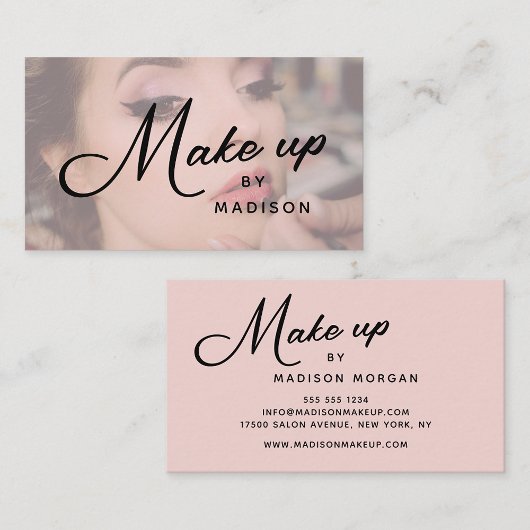 Blush Pink Black Script Photo Makeup Business Card Visitenkarte