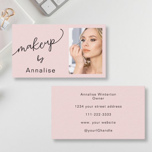 Blush Pink Black Script Photo Makeup Business Card Visitenkarte