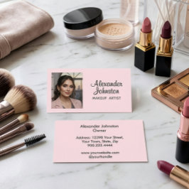 Blush Pink Black Script Photo Makeup Business Card Visitenkarte