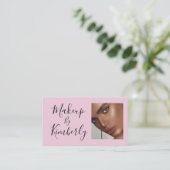 Blush Pink Black Script Photo Makeup Business Card Visitenkarte (Stehend Vorderseite)