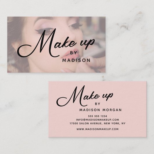 Blush Pink Black Script Photo Makeup Business Card Visitenkarte (Vorne/Hinten)