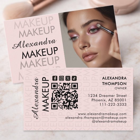 Blush Pink Black Script Photo Makeup Business Visitenkarte
