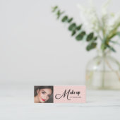 Blush Pink Black Script Photo Makeup Mini Business Visitenkarte (Stehend Vorderseite)