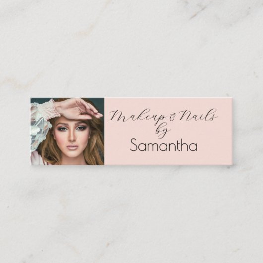 Blush Pink Black Script Photo Makeup Mini Visitenkarte (Vorderseite)