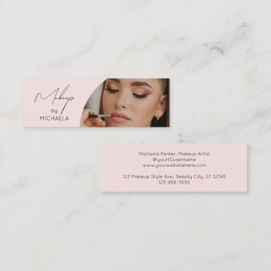 Blush Pink Black Script Photo Makeup Mini Visitenkarte (Vorne/Hinten)