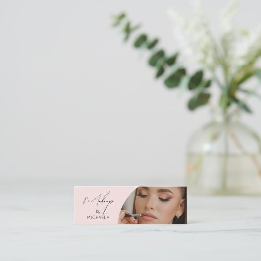 Blush Pink Black Script Photo Makeup Mini Visitenkarte (Stehend Vorderseite)