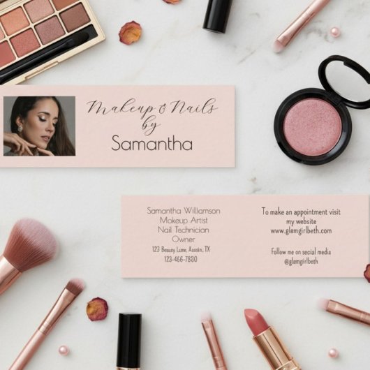 Blush Pink Black Script Photo Makeup Mini Visitenkarte