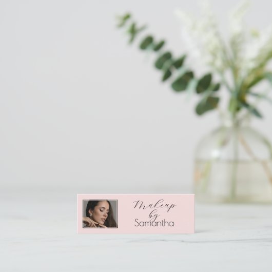 Blush Pink Black Script Photo Makeup Mini Visitenkarte (Stehend Vorderseite)