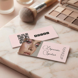 Blush Pink Black Script Photo Makeup QR Social Mini Visitenkarte