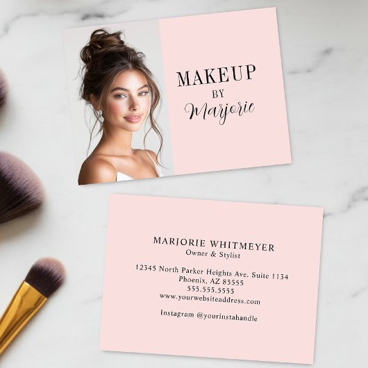 Blush Pink Black Script Photo Makeup Visitenkarte