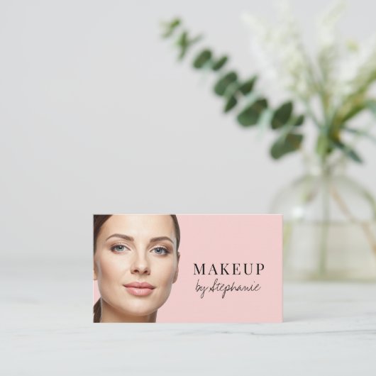 Blush Pink Black Script Photo Makeup Visitenkarte (Stehend Vorderseite)