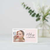 Blush Pink Black Script Photo Makeup Visitenkarte (Stehend Vorderseite)