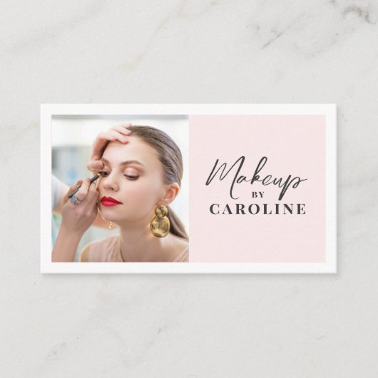 Blush Pink Black Script Photo Makeup Visitenkarte (Vorderseite)