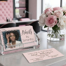 Blush Pink Black Script Photo Nails